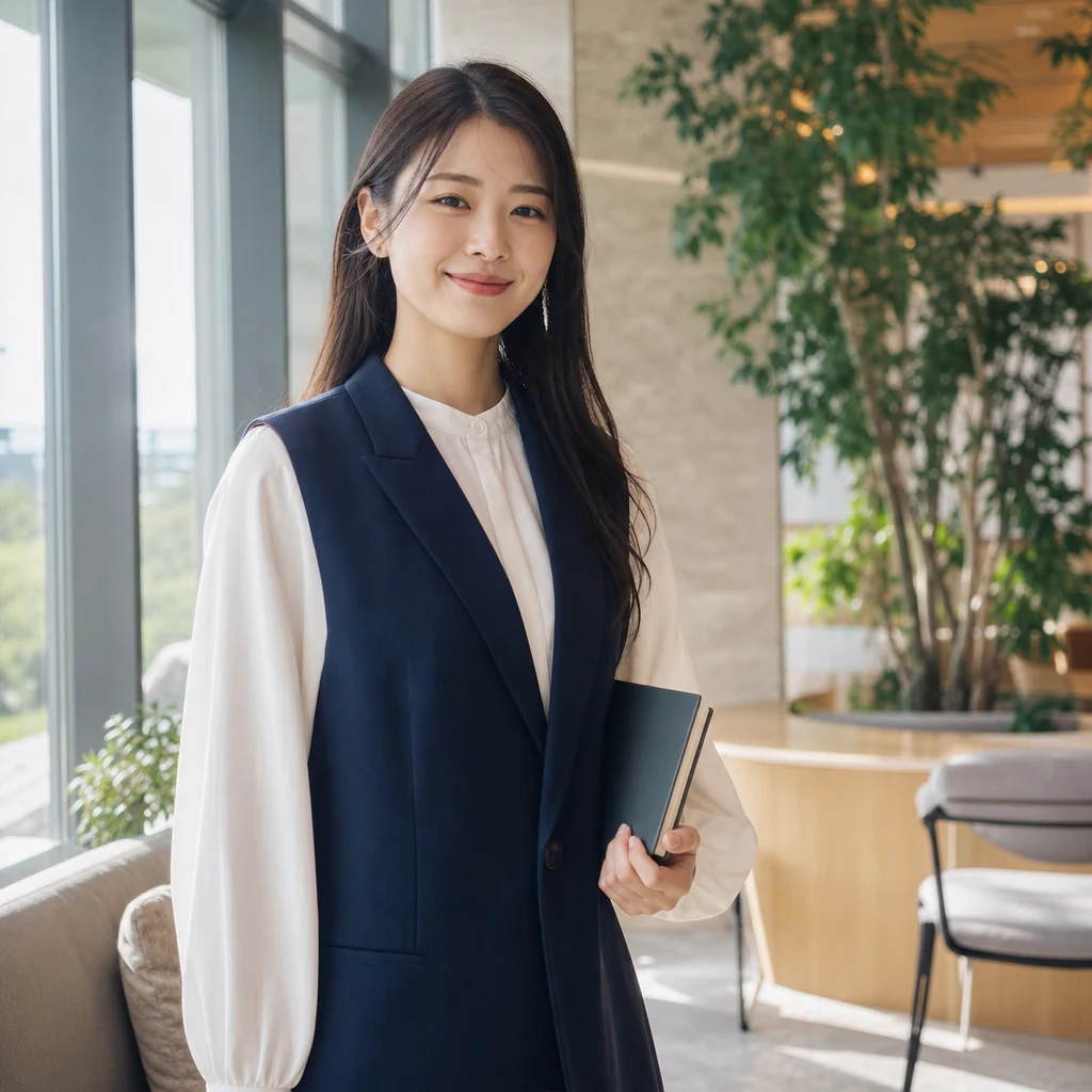 明るいラウンジでノートを持つ女性コンサルタントのイメージ（AI生成）