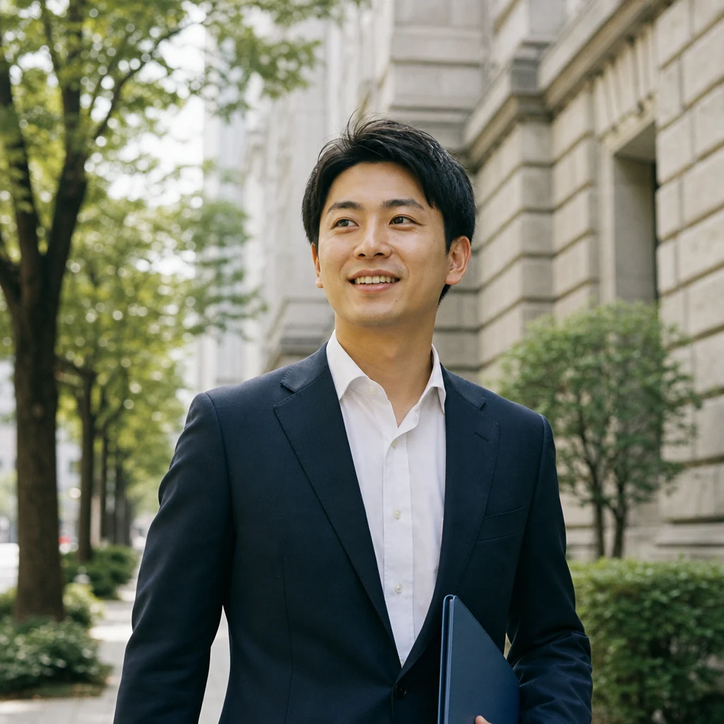 石造りの建物の前を歩く、資料を持った若手社会人のイメージ(AI生成)